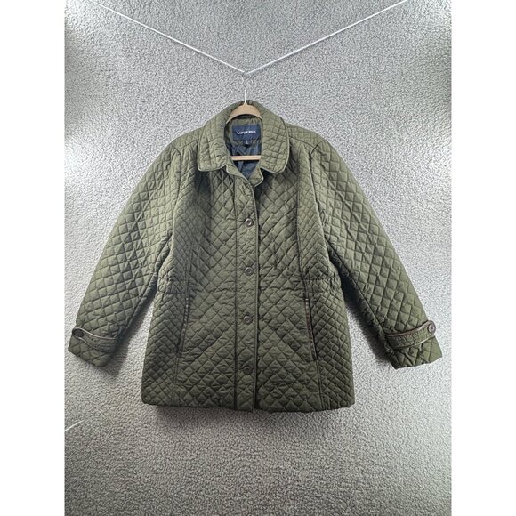 Lands End Quilted Jacket Womens Olive Diamond Pattern Button Closure Size XL 18 - Picture 1 of 9